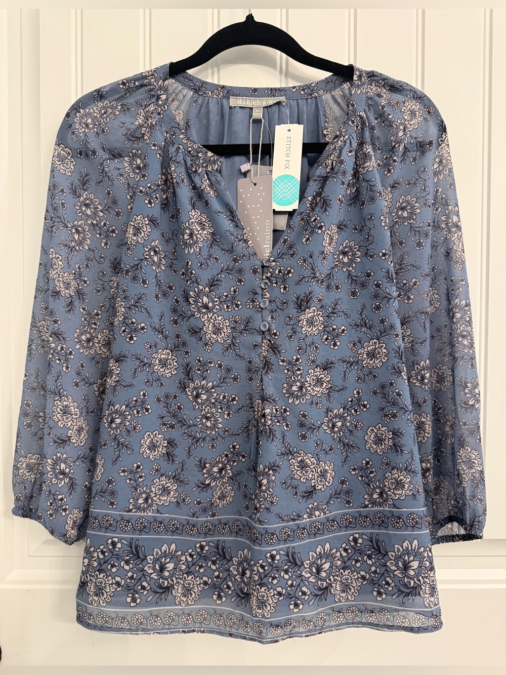 Daniel Rainn Women's Blue Floral Print split-Neck 3/4 Sleeve Blouse Top size XS